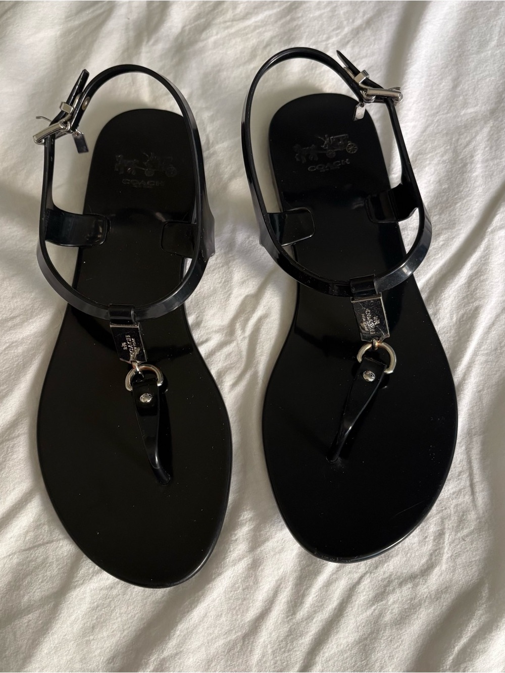 COACH Black Gloss T-Strap Jelly Sandals with Silver Hardware